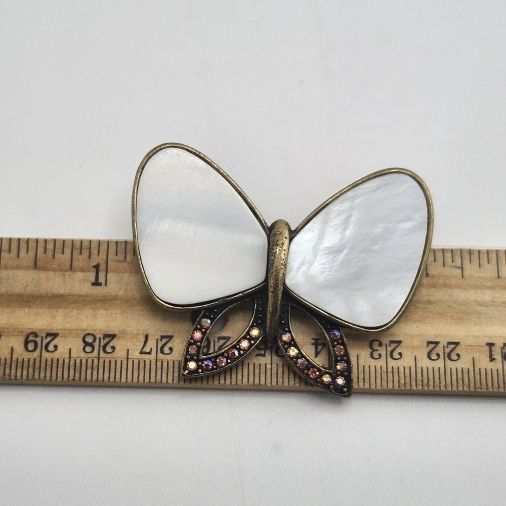 Vintage Pink And Iridescent Marbled‎ Stone Rhinestone Butterfly Brooch Pin